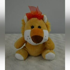 HugFun International Lion Plush Stuffed Animal Toy Tan White Red Bow Brown 6"